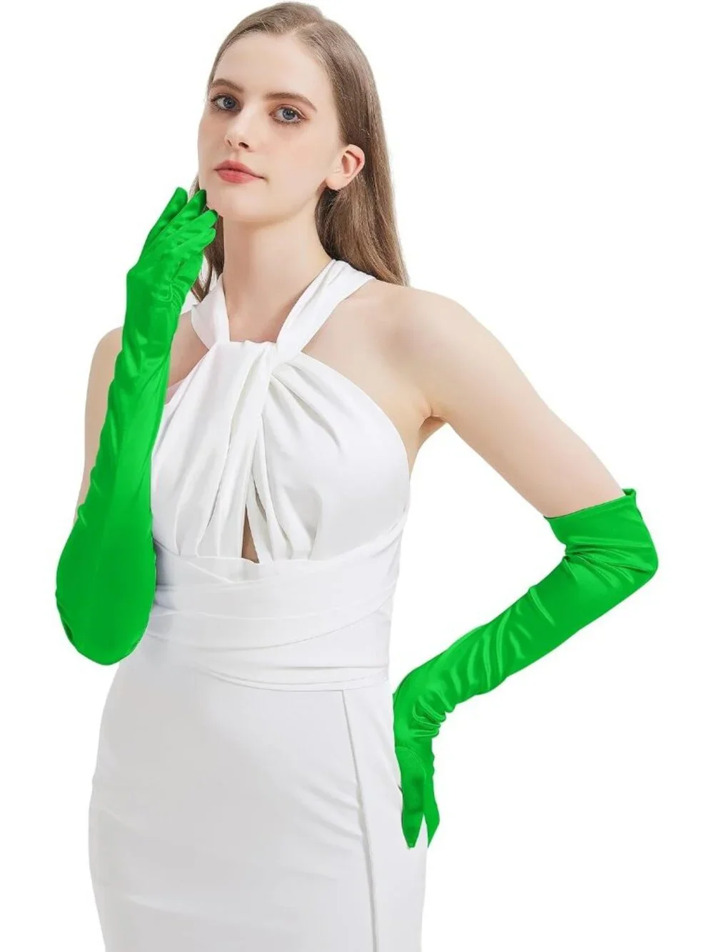 Women's Bright Green Satin Opera Elbow Length 1920s Flapper Long Gloves Party